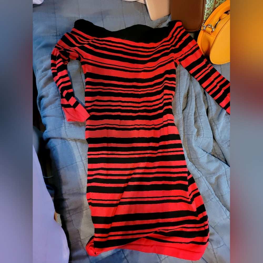 Nikibiki Red and Black Striped Off-Shoulder Bardot Mini Dress One Size Fits All